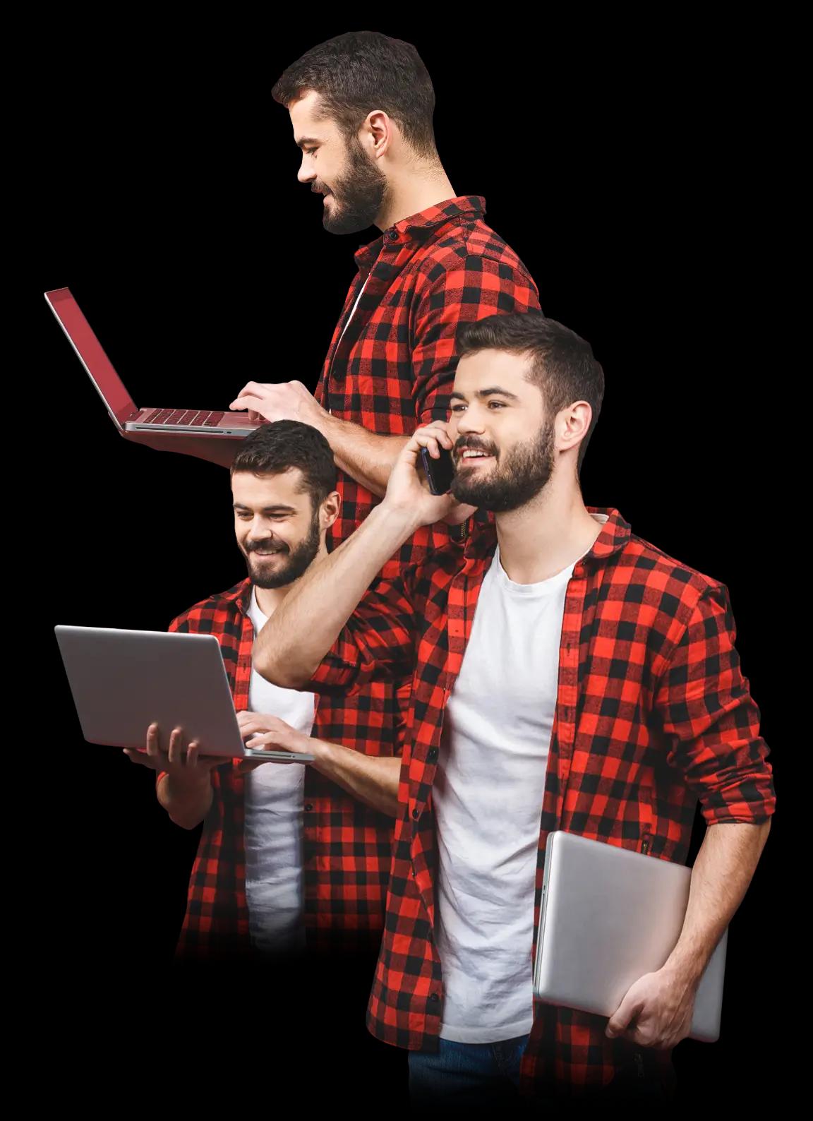 Sujeto sosteniendo una laptop y hablando por teléfono